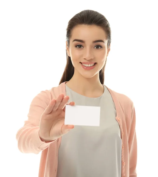 Mujer joven con tarjeta de visita — Foto de Stock