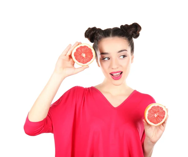 Frau mit Grapefruithälften — Stockfoto