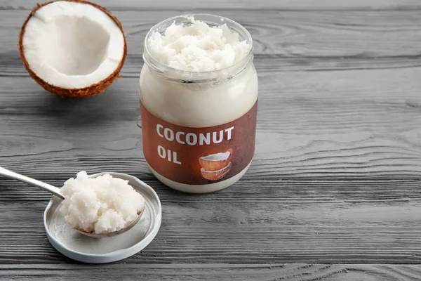 Jar with fresh coconut oil — Stock Photo, Image