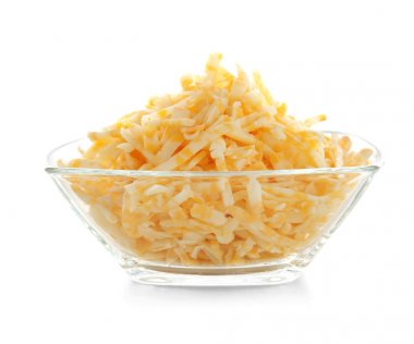 Rendelenmiş peynir ile cam kase 