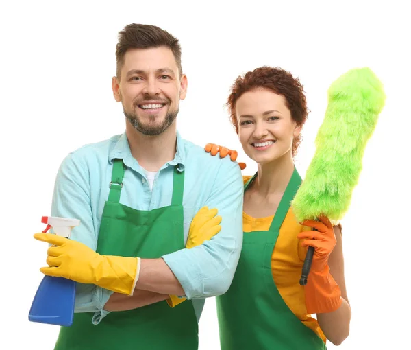 Couple with cleaning supplies — Stock Photo, Image
