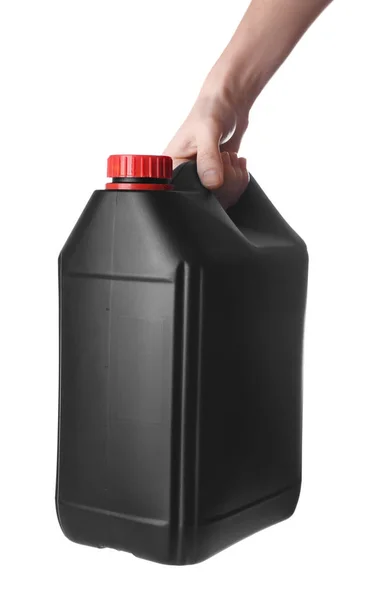 Hand holding black plastic jerrycan — Stock Photo, Image