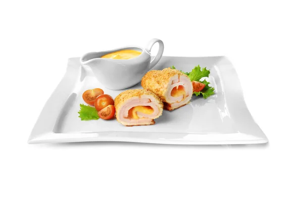 Plate with chicken sliced roll — Stock Photo, Image