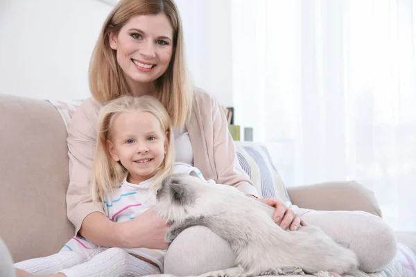 Mother and her daughter with cat — Stock Photo, Image