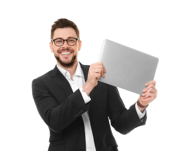 Pohledný mladý muž s notebookem — Stock fotografie