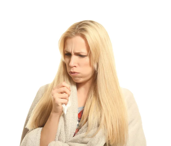 Young woman with allergy on white background — Stock Photo, Image