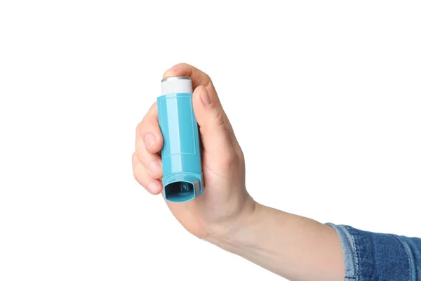 Mão segurando inalador asma — Fotografia de Stock