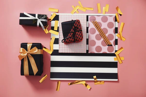 Composition of stylish gift boxes and confetti — Stock Photo, Image