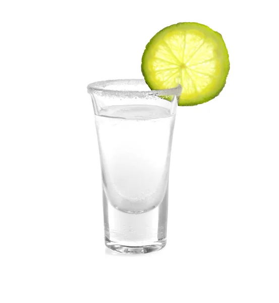 Tequila shot with lime slice — Stock Photo, Image