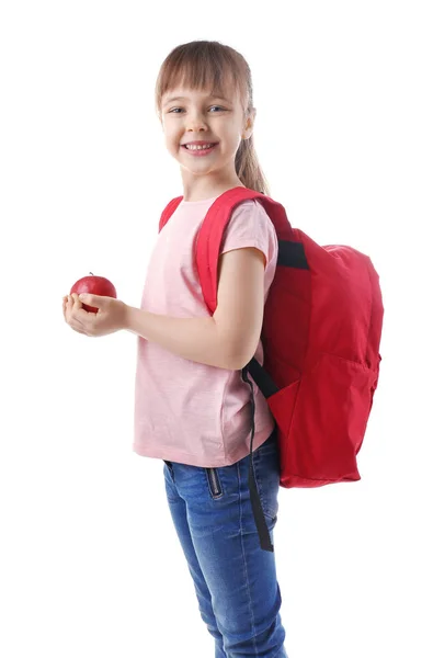 Happy schoolgirl with backpack and apple — Stock Photo, Image