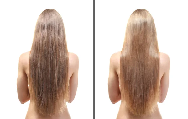 Femme avant et après le traitement des cheveux — Photo