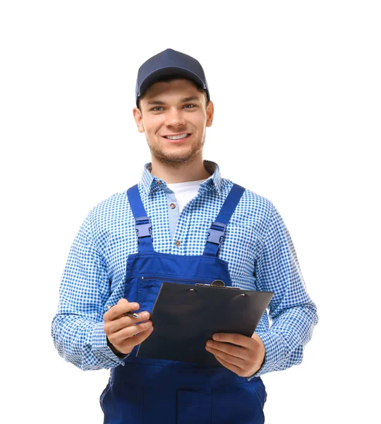 Young plumber in uniform holding clipboard — Stock Photo, Image