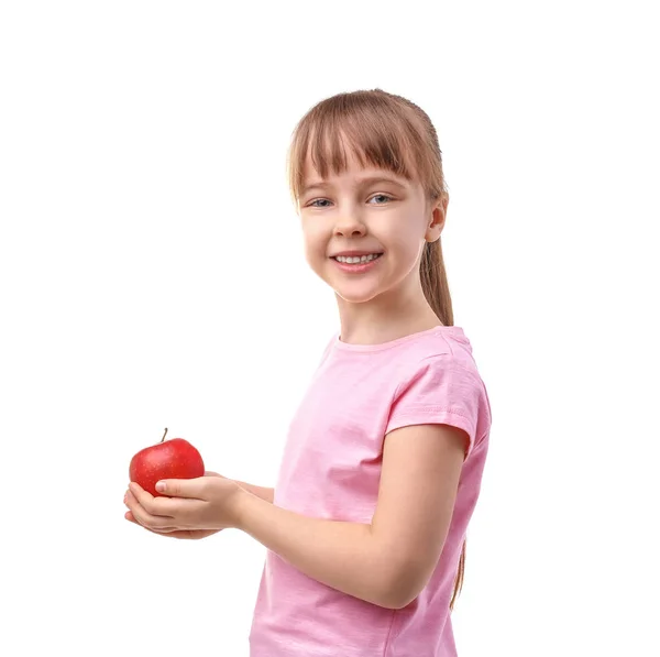 Felice studentessa seduta con mela — Foto Stock