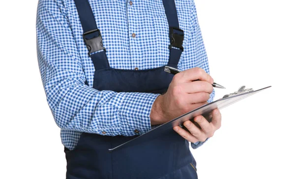 Idraulico in uniforme con clipboard — Foto Stock