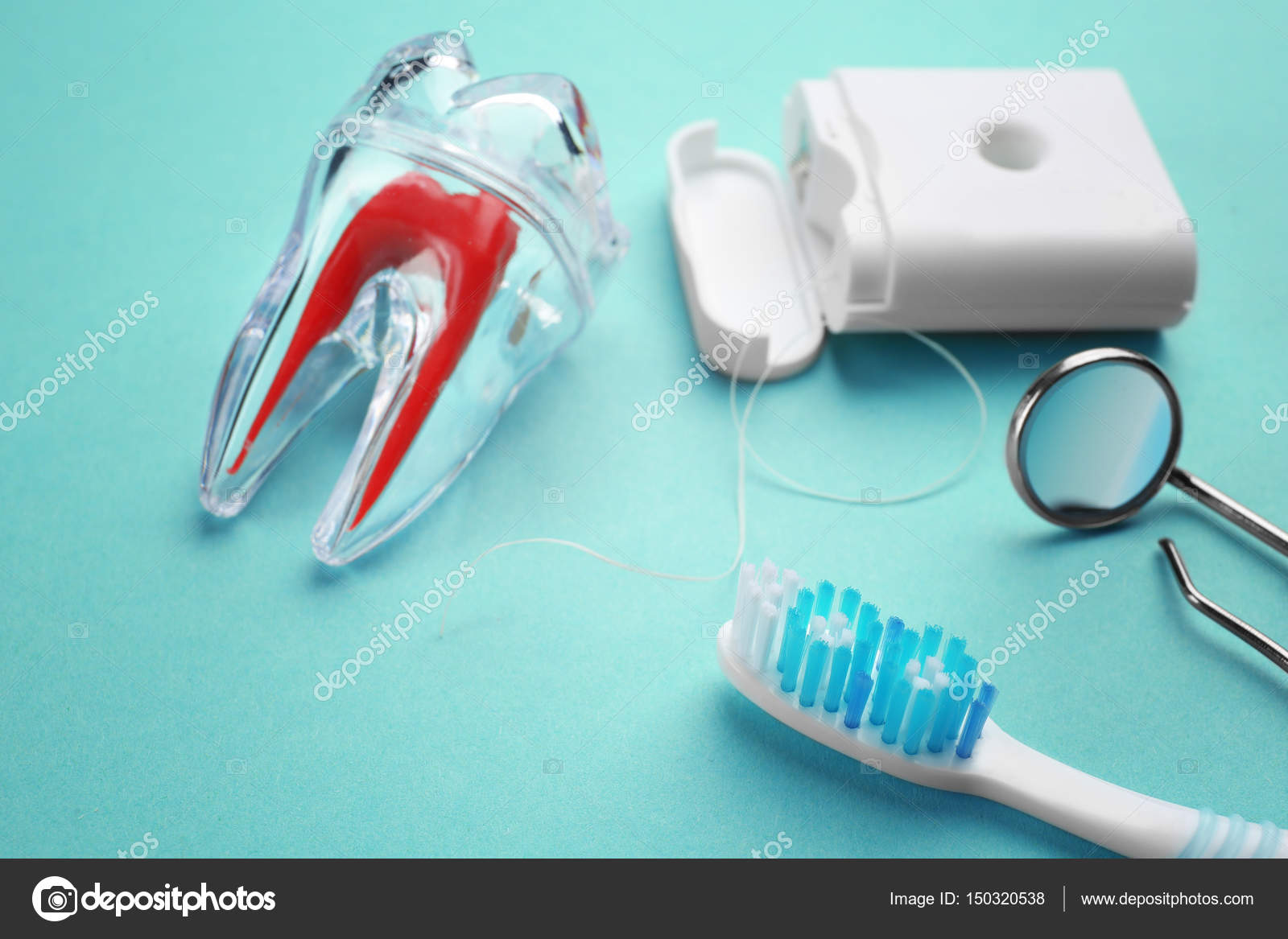 Toothbrush, plastic tooth mockup, dental instruments Stock Photo by