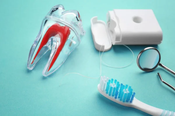 Toothbrush, plastic tooth mockup, dental instruments — Stock Photo, Image