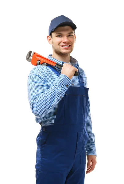 Plumber holding pipe wrench — Stock Photo, Image