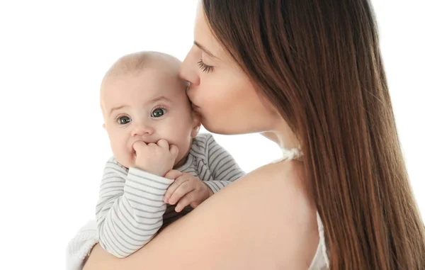 Adorable baby with mother on light background — Stock Photo, Image