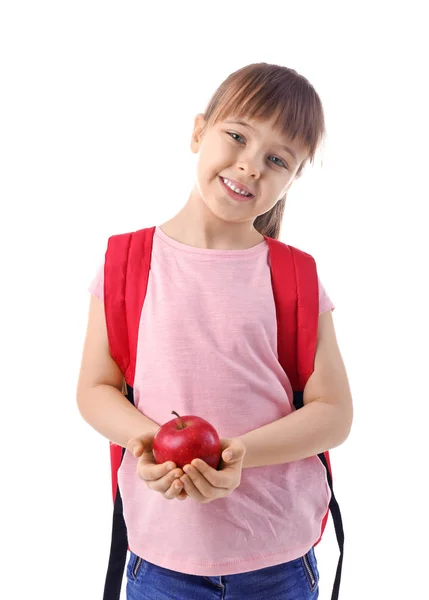 Joyeux écolière avec sac à dos et pomme — Photo