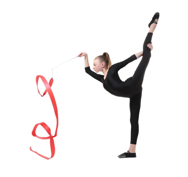 Young girl doing gymnastics with ribbon — Stock Photo, Image