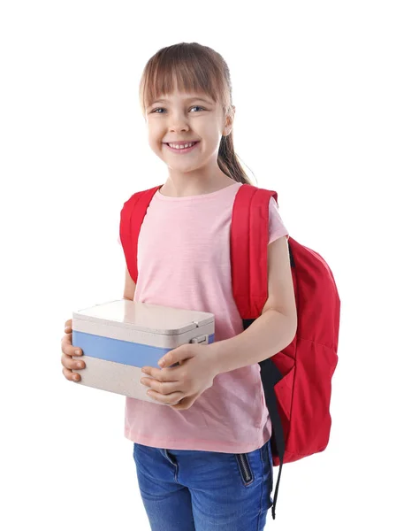 Happy schoolgirl with lunch box — Stock Photo, Image