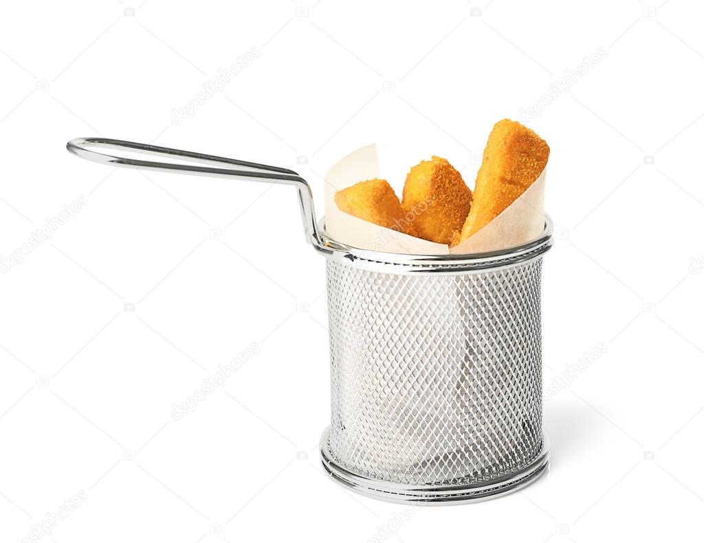 Metal basket with cheese sticks 