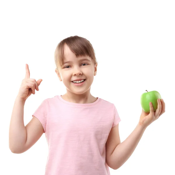 Ευτυχισμένη μαθήτρια κάθεται με το μήλο — Φωτογραφία Αρχείου