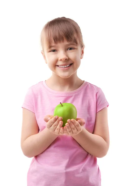 Gelukkig schoolmeisje zit met apple — Stockfoto