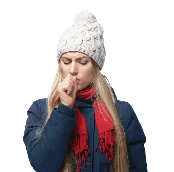Wanita muda batuk pada latar belakang putih — Stok Foto
