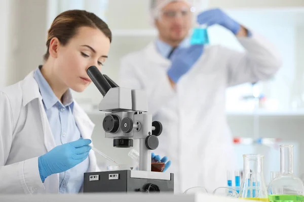 Wetenschappers werken bij laboratorium — Stockfoto