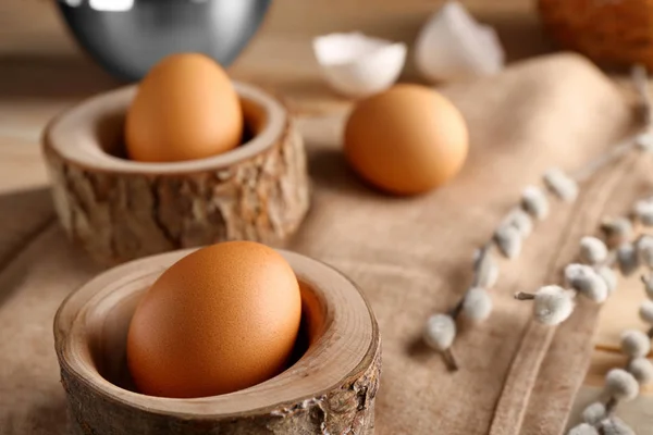 Wooden stands with eggs — Stock Photo, Image