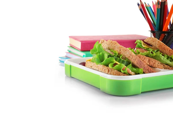 Lunch box z żywność i artykuły papiernicze — Zdjęcie stockowe