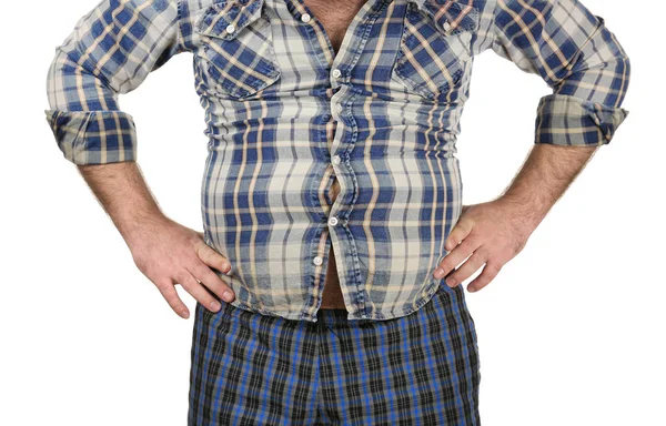 Homme avec gros ventre de bière sur fond blanc — Photo