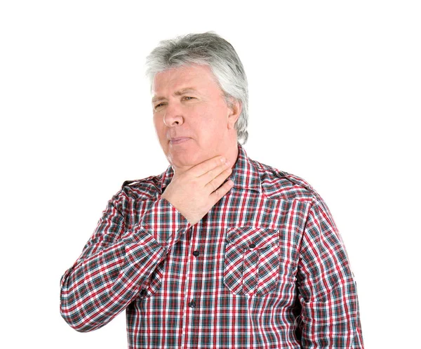Sick senior man having pain in throat on white background — Stock Photo, Image