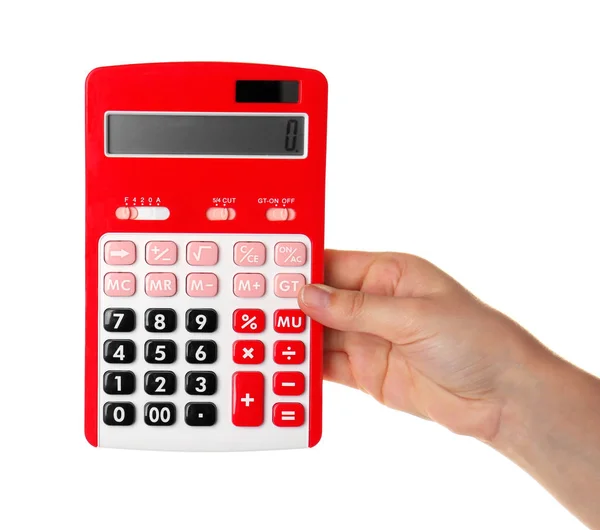 Mão segurando calculadora vermelha — Fotografia de Stock