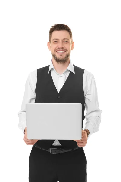 Schöner junger Mann mit Laptop — Stockfoto