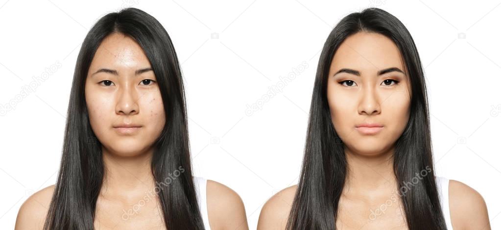 Young woman before and after makeup application on white background