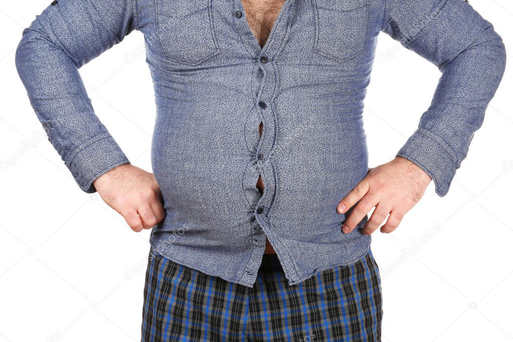 Man with big beer belly on white background