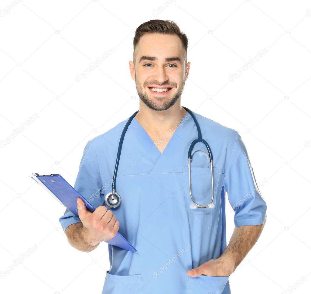 Young medical assistant with clipboard  
