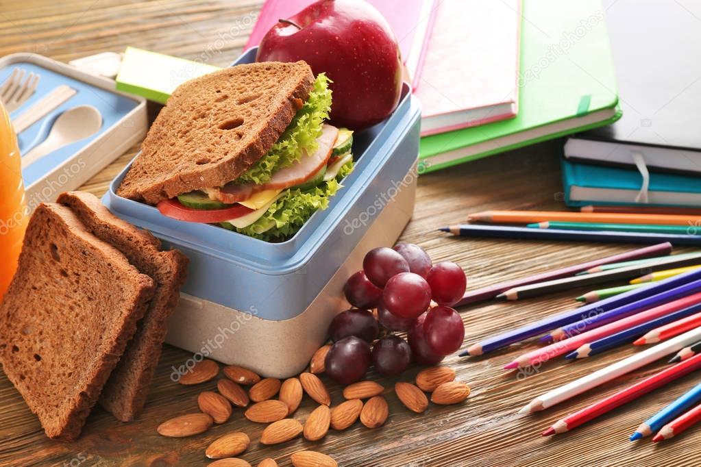 Meal for schoolchild on table 