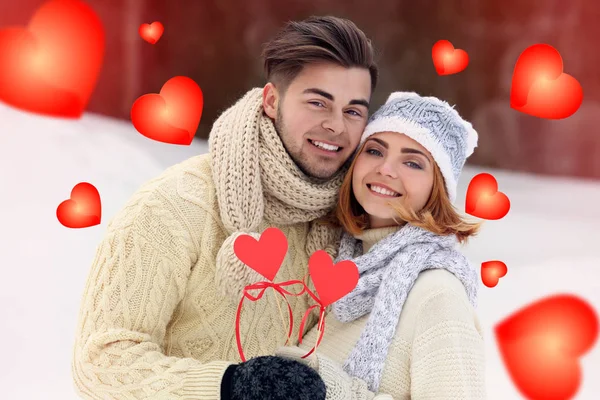 Young Beautiful Couple Outdoors Winter — Stock Photo, Image