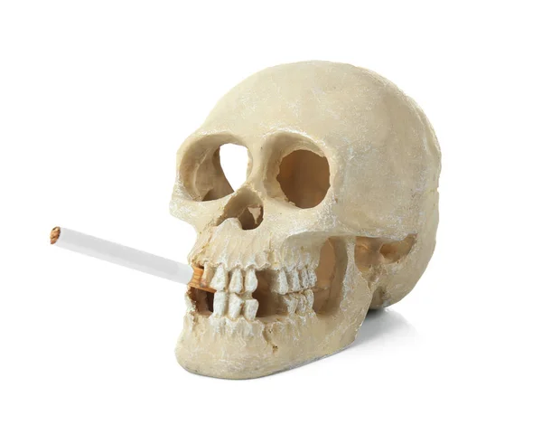 Crânio com cigarro sobre branco — Fotografia de Stock