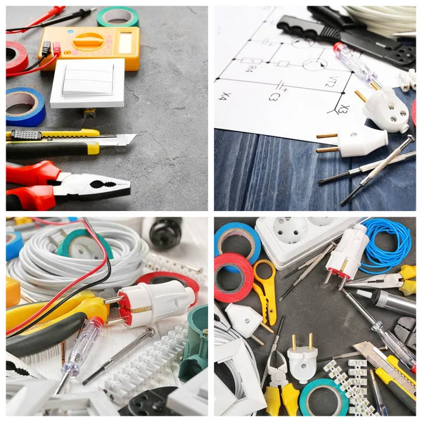 Collage Para Concepto Trabajo Instalación Eléctrica —  Fotos de Stock