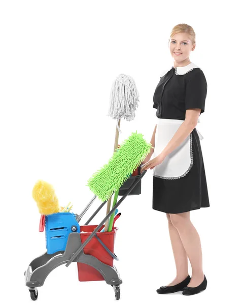 Chambermaid with cleaning equipment — Stock Photo, Image