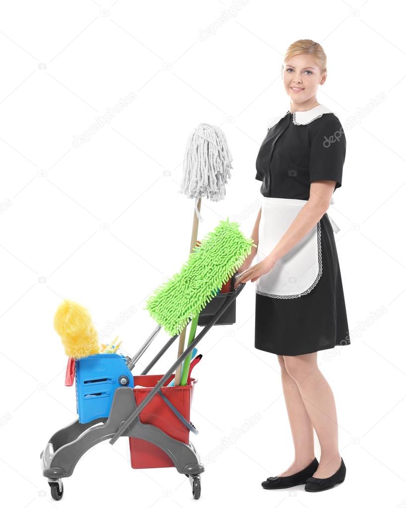  chambermaid with cleaning equipment