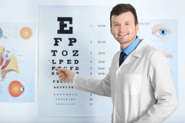 Oftalmólogo masculino señalando las letras de la carta ocular — Foto de Stock