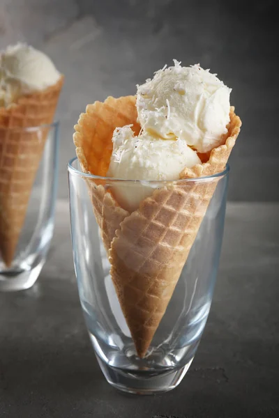 Waffle cone and coconut ice cream — Stock Photo, Image