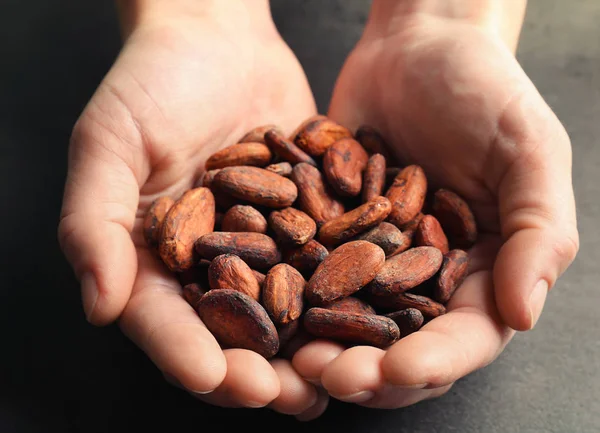 Manos femeninas sosteniendo granos de cacao aromáticos — Foto de Stock