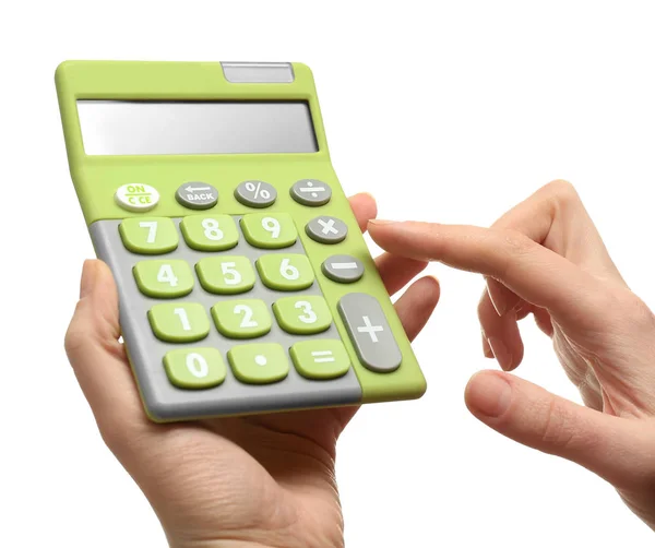 Mãos femininas segurando calculadora — Fotografia de Stock