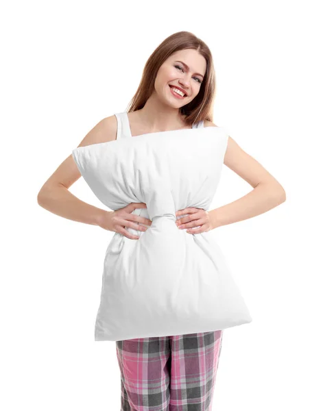 Young woman holding orthopedic pillow — Stock Photo, Image